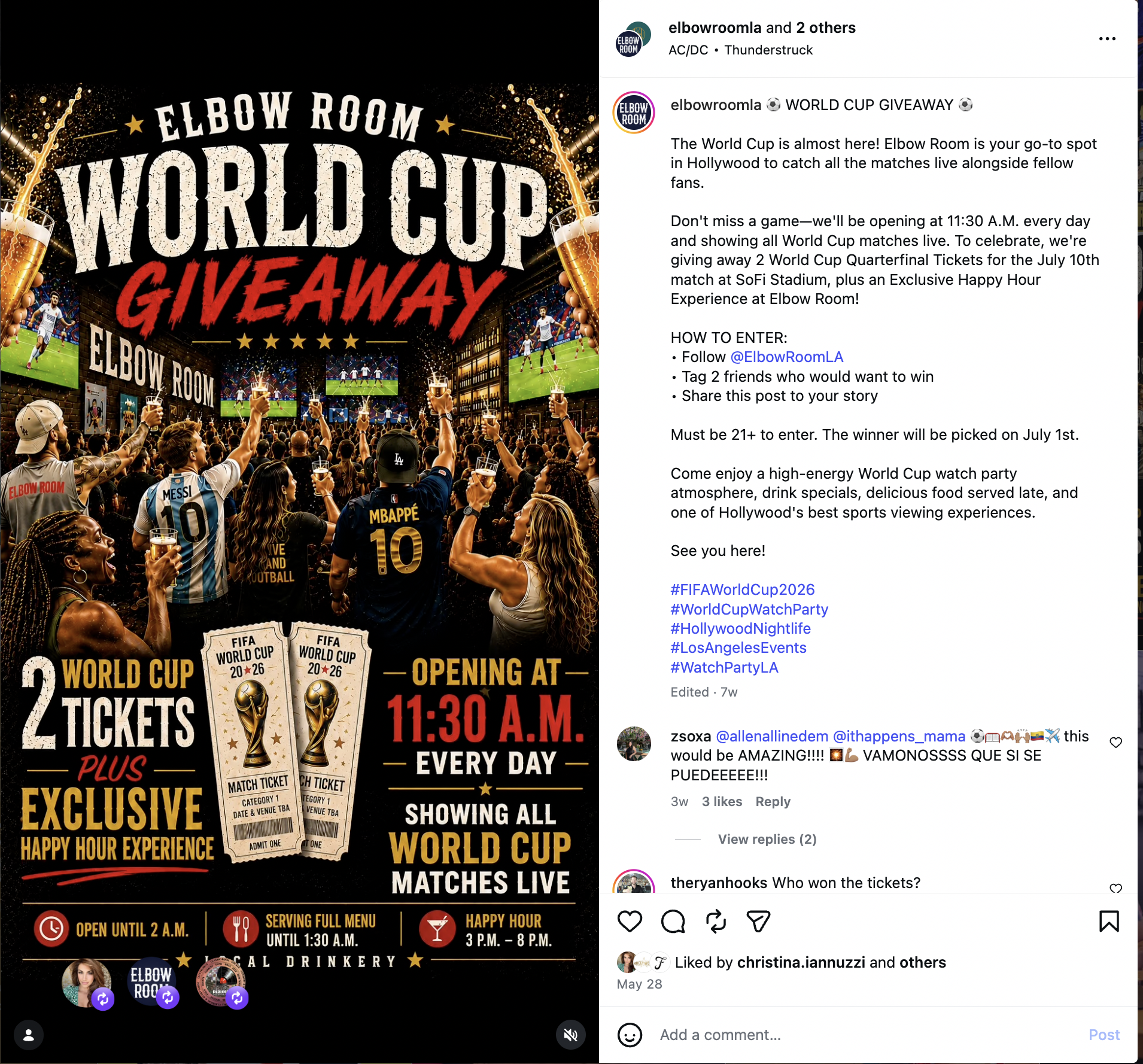 Elbow Room World Cup Giveaway Instagram post