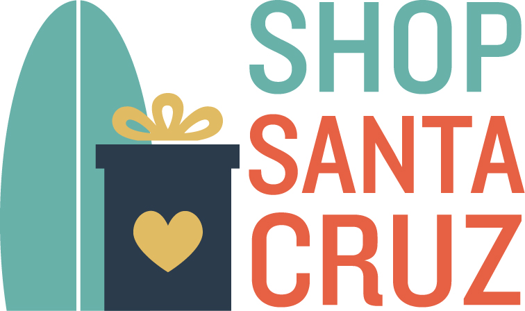 Shop Santa Cruz logo with illustration of gift and surf board
