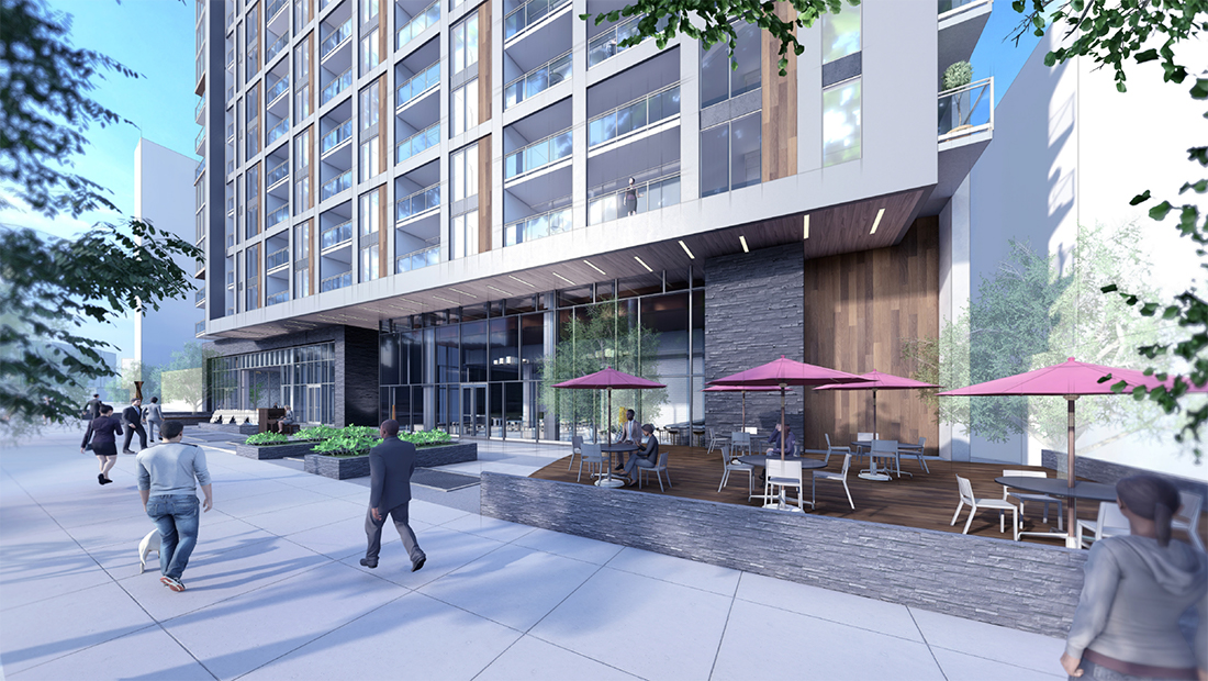 A rendering of Rhapsody's ground floor activation, which includes restaurant space and a water feature.