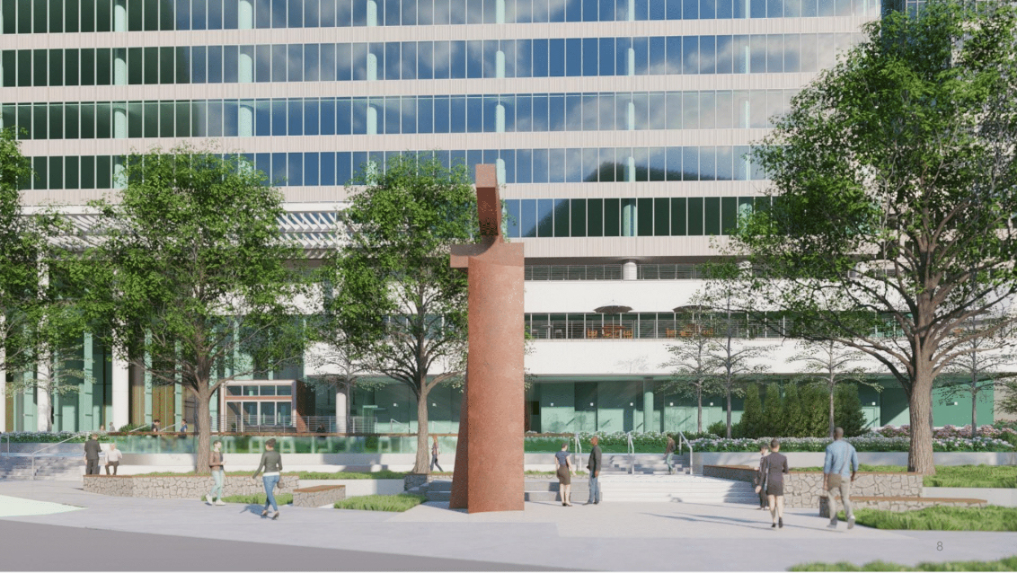 A rendering of the southwest corner of Arts District Plaza. 