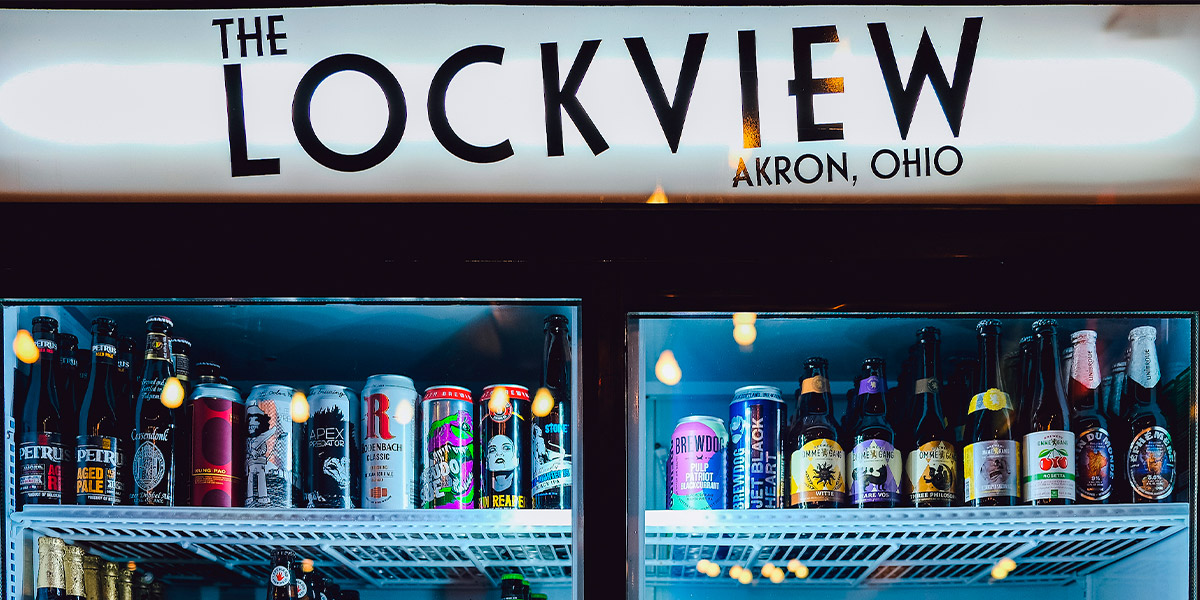 An image of a beer fridge at The Lockview in downtown Akron.