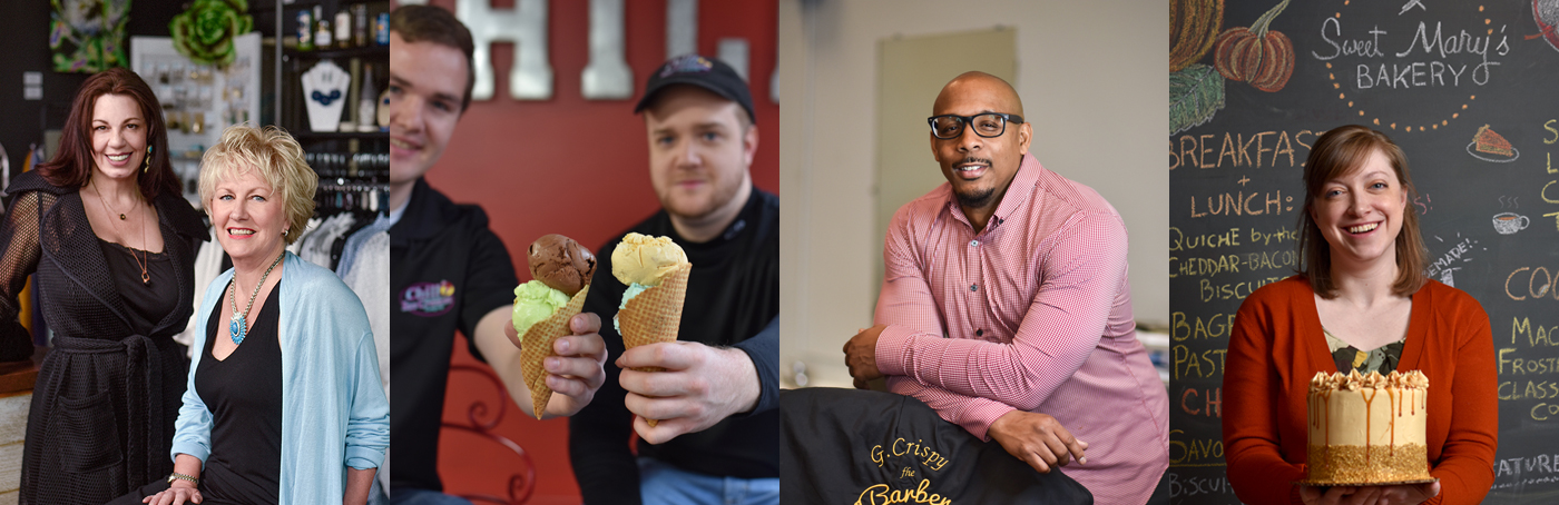 Photograph of small businesses, L-R: Northside Cellar, Chill Ice-Cream, The Experience Barber and Beauty Shop, Sweet Mary's Bakery. Photography: Shane Wynn