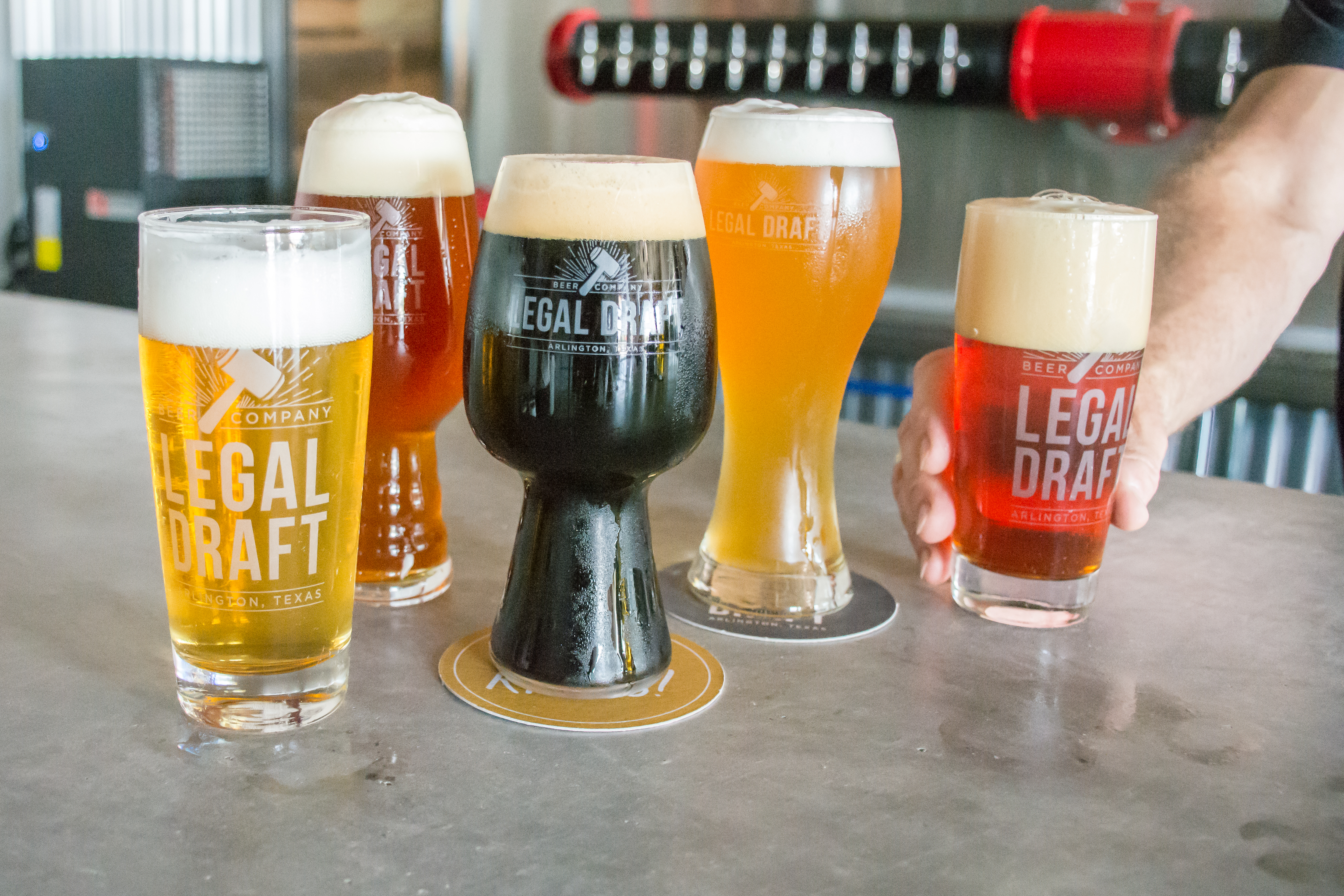 Legal Draft's five launch beers - Legal Blonde Lager, Alibi Amber Lager, Presumed Innocent IPA, Chief Justice Stout, and Hung Jury Hefeweizen